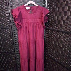 Women's XL Long Dress Burgundy Embroidered Flutter Sleeve by Universal Thread